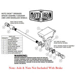 A Moto Iron® Left Side Springer Brake Caliper Kit in chrome, including bolts, washers, spacers, and a linkage rod, is displayed on a white background.