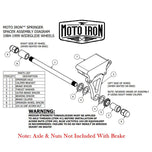 A Moto Iron® Left Side Springer Brake Caliper Kit in chrome, including bolts, washers, spacers, and a linkage rod, is displayed on a white background.
