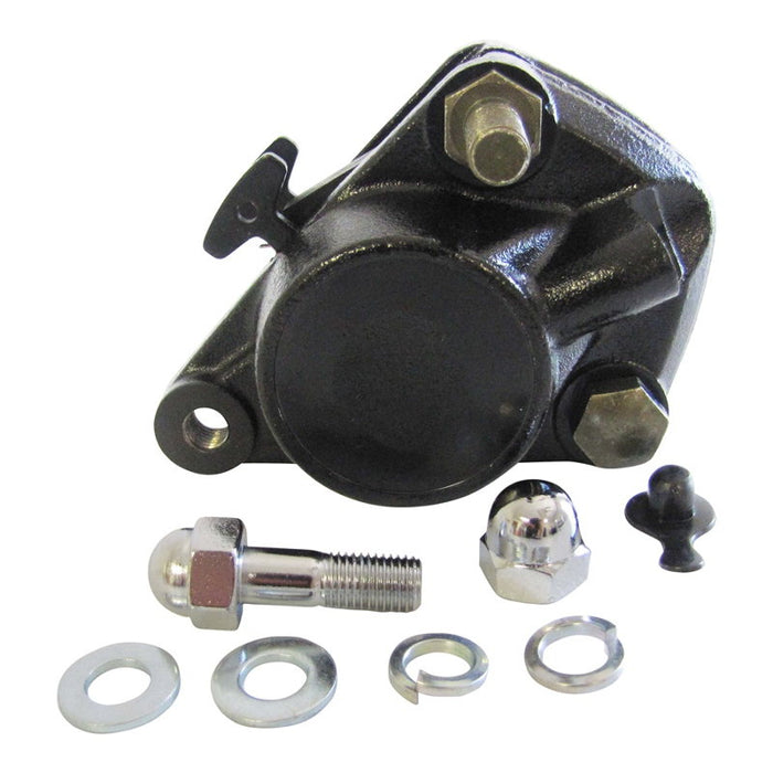 A Yamaha XS650 front brake caliper by Mikes XS, fitting 1972-1976 models, is displayed on a white background, featuring black mechanical parts adorned with silver bolts, washers, and a rubber cap.