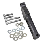 Two metal brackets, one black and one silver, with washers and bolts are shown on a white background—ideal for upgrading your 2000-up Harley-Davidson using the TC Bros. Front Radial Brake Bracket for 320mm/12.6" discs.