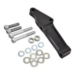 Two metal brackets, one black and one silver, with washers and bolts are shown on a white background—ideal for upgrading your 2000-up Harley-Davidson using the TC Bros. Front Radial Brake Bracket for 320mm/12.6" discs.