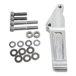 Two metal brackets, one black and one silver, with washers and bolts are shown on a white background—ideal for upgrading your 2000-up Harley-Davidson using the TC Bros. Front Radial Brake Bracket for 320mm/12.6" discs.