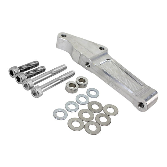 Two metal brackets, one black and one silver, with washers and bolts are shown on a white background—ideal for upgrading your 2000-up Harley-Davidson using the TC Bros. Front Radial Brake Bracket for 320mm/12.6" discs.