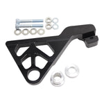 A black TC Bros. 2000-2005 Harley Dyna Rear Radial Brake Bracket with a bolt and nut for a motorcycle, offering performance improvements.