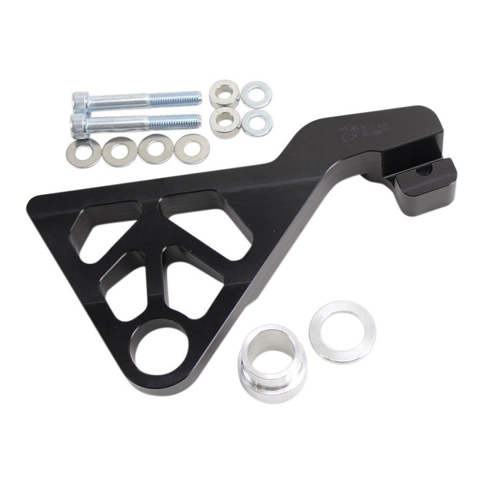 A TC Bros. 2006-2007 Harley Dyna Rear Radial Brake Bracket sportbike caliper with a black bracket and bolt.