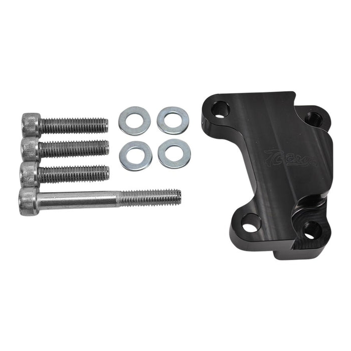 A TC Bros. 12.6in Black Front Brake Bracket with bolts for a Harley OEM Front Brake Bracket.