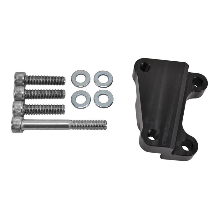 A TC Bros. 12.6in Black Front Brake Bracket with bolts for a Harley OEM Front Brake Bracket.