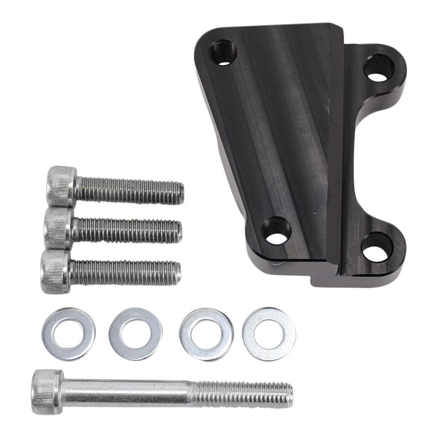 A TC Bros. 12.6in Black Front Brake Bracket with bolts and screws for a Harley.