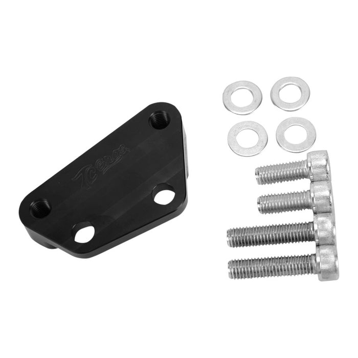 A TC Bros. Black Axial Brembo Front LH Bracket for 2000-2017 Harley Stock Rotors, featuring a black metal bracket with three holes, three screws, four washers, and a metal connector, all displayed on a white background. Ideal for high-performance brake conversions or as part of the TC Bros. product line.