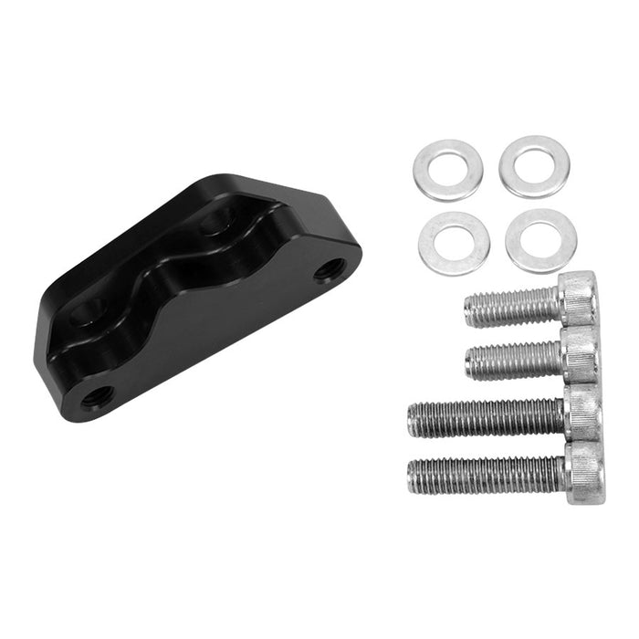 A TC Bros. Black Axial Brembo Front LH Bracket for 2000-2017 Harley Stock Rotors, featuring a black metal bracket with three holes, three screws, four washers, and a metal connector, all displayed on a white background. Ideal for high-performance brake conversions or as part of the TC Bros. product line.