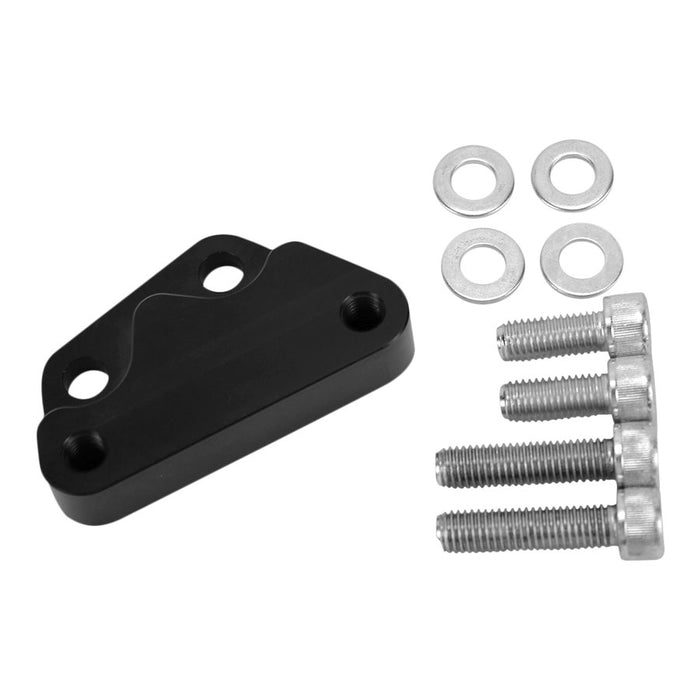 A TC Bros. Black Axial Brembo Front LH Bracket for 2000-2017 Harley Stock Rotors, featuring a black metal bracket with three holes, three screws, four washers, and a metal connector, all displayed on a white background. Ideal for high-performance brake conversions or as part of the TC Bros. product line.