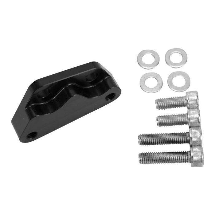 Description: A black metal bracket with three holes, similar to the TC Bros. Black Axial Brembo Front RH Bracket 2000-2017 Harley Stock Rotor, accompanied by four screws and bolts, and four washers displayed to its right.