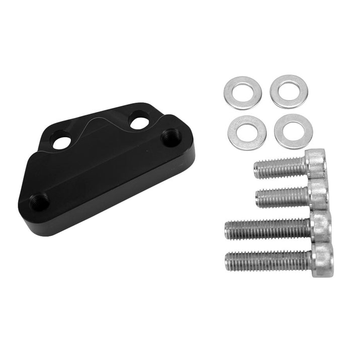 Description: A black metal bracket with three holes, similar to the TC Bros. Black Axial Brembo Front RH Bracket 2000-2017 Harley Stock Rotor, accompanied by four screws and bolts, and four washers displayed to its right.