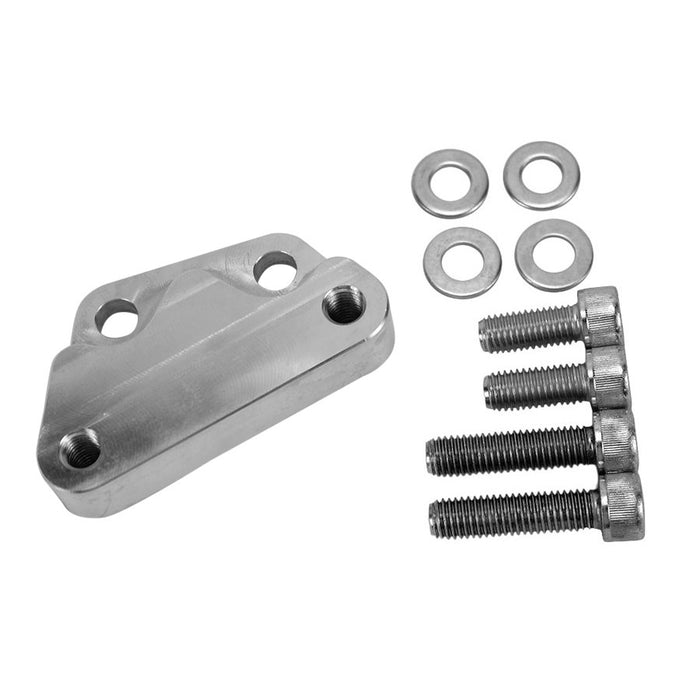 A TC Bros. Axial Brembo Front RH Bracket for 2000-2017 Harley Stock Rotors with three pre-drilled holes is displayed alongside four bolts and four washers.