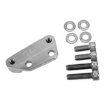 The TC Bros. Axial Brembo Front LH Bracket 2008-2017 Harley 12.6in Rotor, accompanied by four bolts and matching washers, is displayed on a white background, designed to enhance brake performance for the TC Bros. brand.