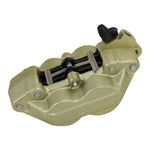 The Brembo P4 Axial Brake Caliper by Brembo features a gold four-piston design with red logo, visible bolts, and hydraulic fitting; it mounts axially and is shown in a side view.