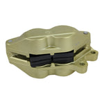 The Brembo P4 Axial Brake Caliper by Brembo features a gold four-piston design with red logo, visible bolts, and hydraulic fitting; it mounts axially and is shown in a side view.