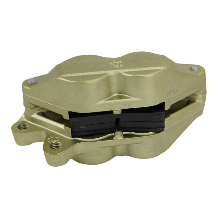 A Brembo P4 Axial Brake Caliper Right Side Gold 4 Piston on a white background.