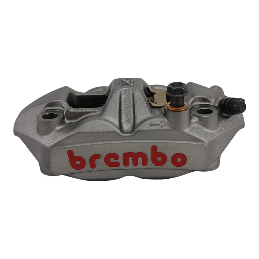 A Brembo M4 Radial Brake Caliper Right Side Silver 4 Piston with the word Brembo on it.