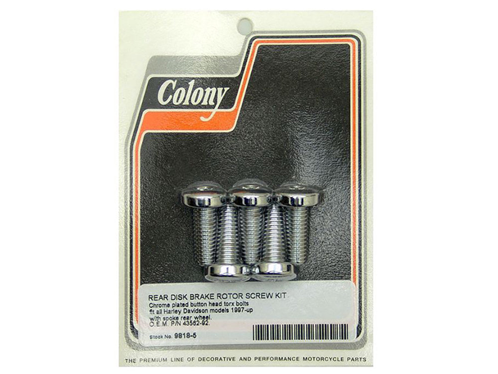 A package of Colony #9818-5 Disc Rear Brake Rotor Torx Bolt set Chrome 97-up for a Colony motorcycle.