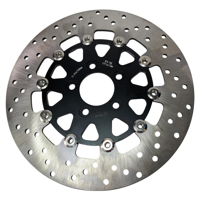 The TC Bros. 11.8in Rear Floating Brake Rotor is designed for 2008-up Harley Touring Bagger models, featuring a round design with a black center and silver perforated outer edge.