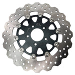 Two TC Bros. 11.8" front floating brake rotors for 2006-2025 Harley-Davidson, one with a wavy edge and one with a round edge, both featuring circular cutouts and bolt holes, are displayed on a white background.