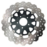 The TC Bros. 11.8" Profile Front Floating Brake Rotor for 2006-2025 Harley-Davidson features a black center with a silver, perforated, wave-patterned stainless steel surface for improved performance.