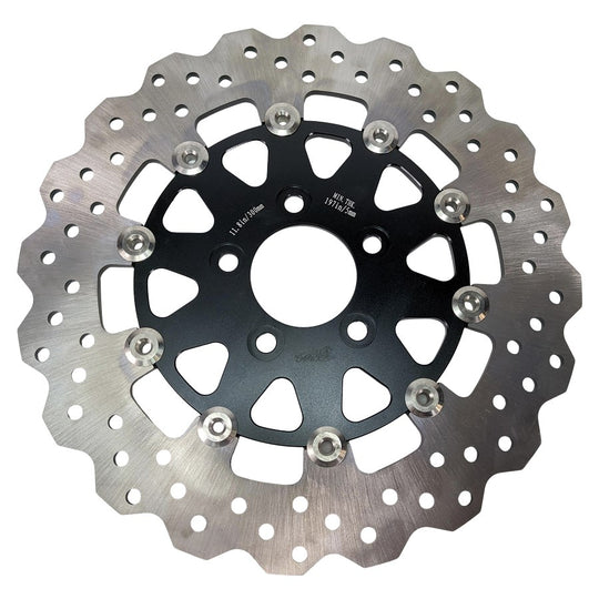 The TC Bros. 11.8in Profile™ Rear Floating Brake Rotor, designed with circular holes and a wave-like edge, features a black center. It's perfect for 2008-up Harley Davidson Touring Bagger models.