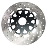 Two TC Bros. 11.8" front floating brake rotors for 2006-2025 Harley-Davidson, one with a wavy edge and one with a round edge, both featuring circular cutouts and bolt holes, are displayed on a white background.