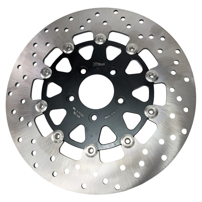 A TC Bros. 11.8in Front Floating Brake Rotor for 2006-23 Harley Models made of high carbon stainless steel friction material on a white background.