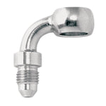 Seven metallic and black Goodridge Universal AN-Type Brake Line Fittings by Goodridge are arranged in a circle around a T-shaped fitting, ideal for brake or hydraulic systems, set against a white background.