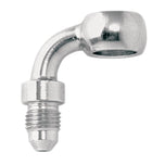 Seven metallic and black Goodridge Universal AN-Type Brake Line Fittings by Goodridge are arranged in a circle around a T-shaped fitting, ideal for brake or hydraulic systems, set against a white background.