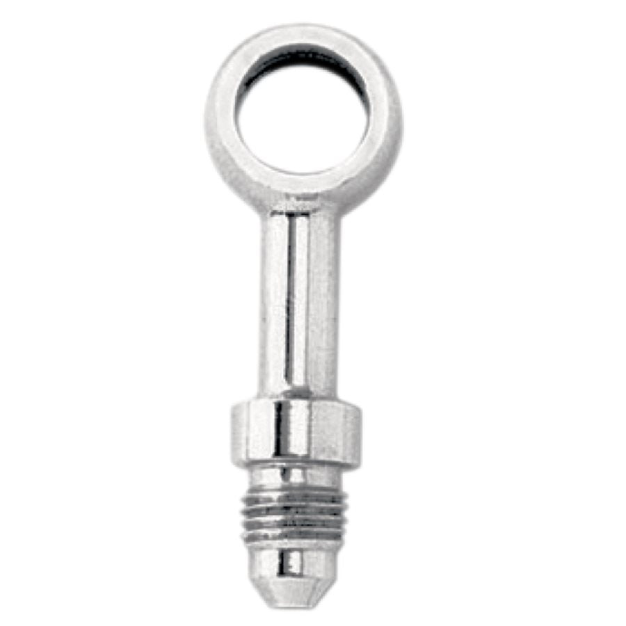 A Goodridge 3/8" (10mm) Straight Banjo Brake Line Fitting - Chrome surrounded by banjo bolts and brake lines on a white background.