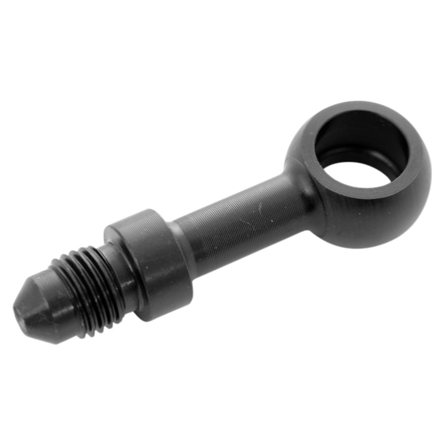 A Goodridge 3/8" (10mm) Straight Banjo Brake Line Fitting - Black on a white background stands out, especially when used with brake lines and fittings.