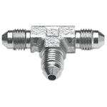Seven metallic and black Goodridge Universal AN-Type Brake Line Fittings by Goodridge are arranged in a circle around a T-shaped fitting, ideal for brake or hydraulic systems, set against a white background.