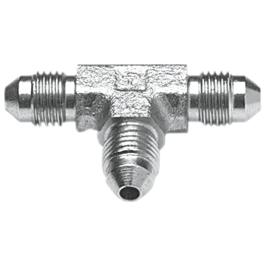 A Goodridge Brake line tee fitting - Chrome with threaded ends on a white background.