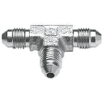 Seven metallic and black Goodridge Universal AN-Type Brake Line Fittings by Goodridge are arranged in a circle around a T-shaped fitting, ideal for brake or hydraulic systems, set against a white background.