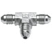 Seven metallic and black Goodridge Universal AN-Type Brake Line Fittings by Goodridge are arranged in a circle around a T-shaped fitting, ideal for brake or hydraulic systems, set against a white background.