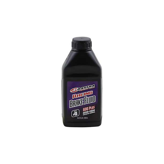 A bottle of Maxima DOT 4 Racing Brake Fluid, including a high temperature additive, on a white background.