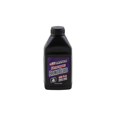 A bottle of Maxima DOT 4 Racing Brake Fluid, including a high temperature additive, on a white background.