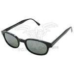 KD's Sunglasses-Silver Mirror by KD's Sunglasses are black, rectangular shades with a lightweight design and silver mirrored lenses, displayed from the front.