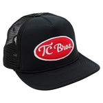 The TC Bros. Ol' Pete Trucker Hat - Black is a black trucker hat with an Adjustable Snapback Closure.