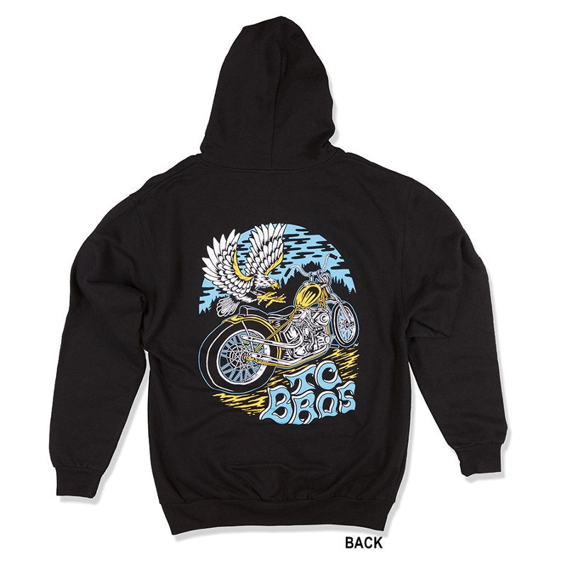 A black fleece hoodie with an image of a motorcycle and a TC Bros. Eagle Zip Hoodie - Black from the brand TC Bros.