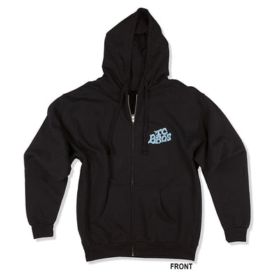 A black fleece hoodie with a blue logo, the TC Bros. Eagle Zip Hoodie - Black, on it.