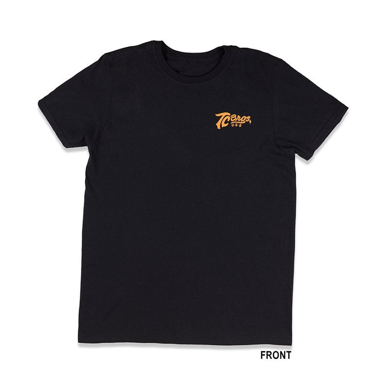 A TC Bros. Classic T-Shirt - Black made of 100% ring-spun cotton, with an orange logo on it.