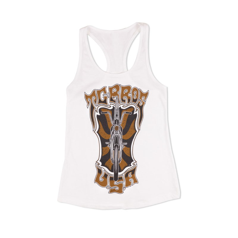 A TC Bros. Women's Trippin' Tank, fitted and white, with an image of a motorcycle on it.
