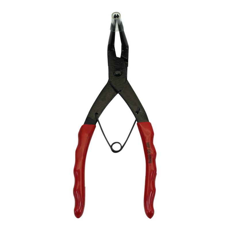 A pair of Motion Pro Master Cylinder Snap-Ring Pliers with red handles on a white background for gripping internal snap rings.