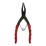 A pair of Motion Pro Master Cylinder Snap-Ring Pliers with red handles on a white background for gripping internal snap rings.