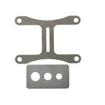 The Pangor Cycles DIY U-Weld Transmission Work Stand/Jig for Harley-Davidson Four-Speed features two metal parts—a Y-shaped piece with four holes and a rectangular plate with three holes—for secure transmission setup.