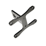 The Pangor Cycles Transmission Work Stand/Jig Mounting Bracket, a black metal bracket with four holes, is designed for supporting or attaching Harley-Davidson four-speed transmission components. Branded by Pangor Cycles and shown on a white background.